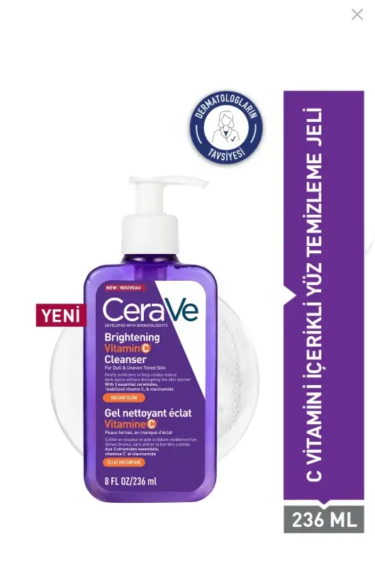 Cerave Yüz Temizleme Jeli Brightening C Vitamini İçerikli Aydınlatıcı Tüm Cilt 236 ml