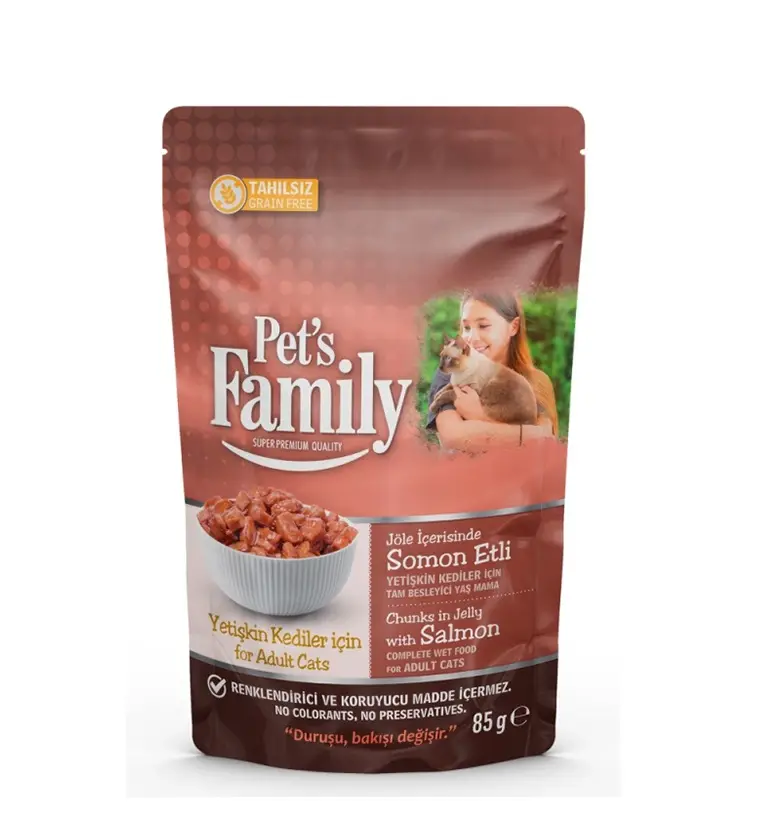 Pets Family Pouch Yetişkin Kediler İçin Somon Etli Jöle Yaş Mama 85Gr