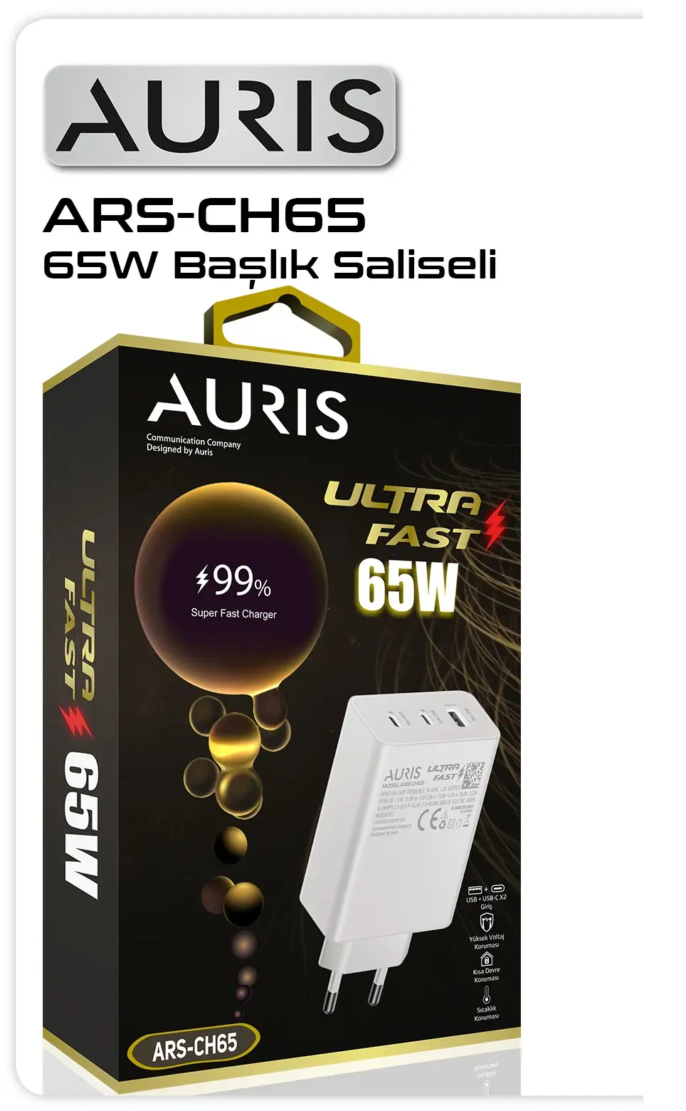 Prn Aurıs Şarj Kafası 65 W 3 Çıkışlı Usb-Type C - Type C